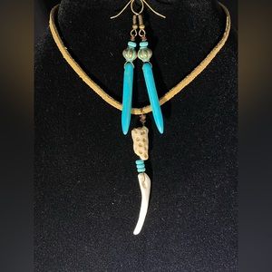 Coral and Turquoise Suede Necklace and Earring Set